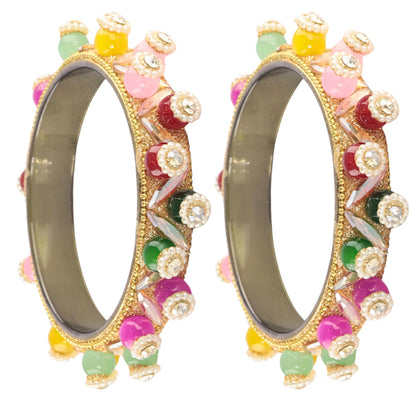 Gold-Multi Beaded Floral Kundan Kada Set - Set of 2