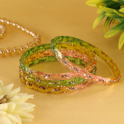 Light Multi Glass Bangles Set with Crystal Stone Work - Set of 4