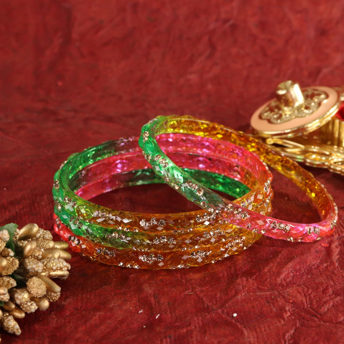 Light Multi Glass Bangles Set with Crystal Stone Work - Set of 4