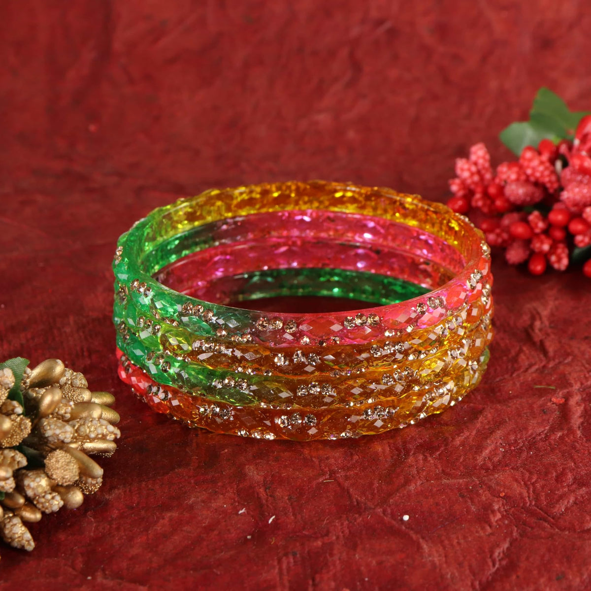 Light Multi Glass Bangles Set with Crystal Stone Work - Set of 4