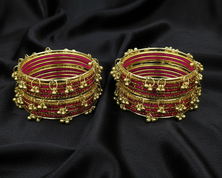 Traditional Magenta Silk Thread Kashmiri Goti Metal Kangan for-Set of 32