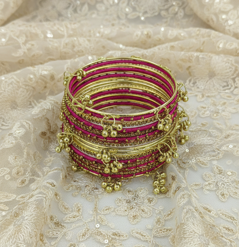 Traditional Magenta Silk Thread Kashmiri Goti Metal Kangan for-Set of 32