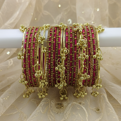 Traditional Magenta Silk Thread Kashmiri Goti Metal Kangan for-Set of 32
