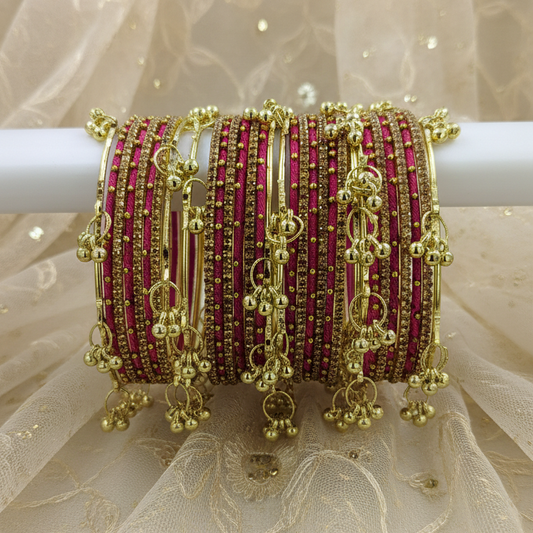 Traditional Magenta Silk Thread Bangles Set of 32 | Kashmiri Goti Metal Kangan for-Set of 32