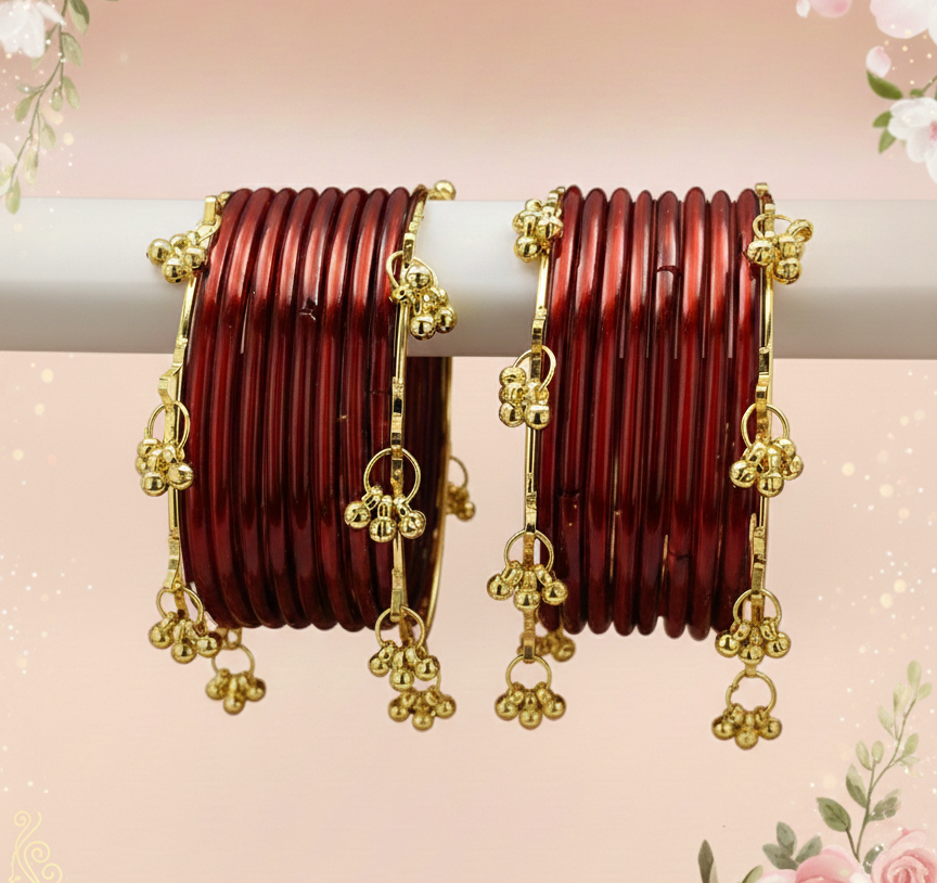 Treny Ghungroo Glass Bangles Set  Kashmiri Style Bangles | Pack of 20 with Golden Metal Charm