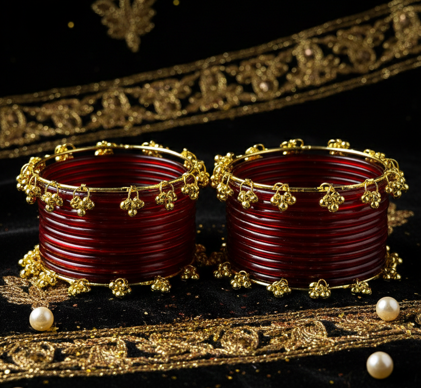 Treny Ghungroo Glass Bangles Set  Kashmiri Style Bangles | Pack of 20 with Golden Metal Charm