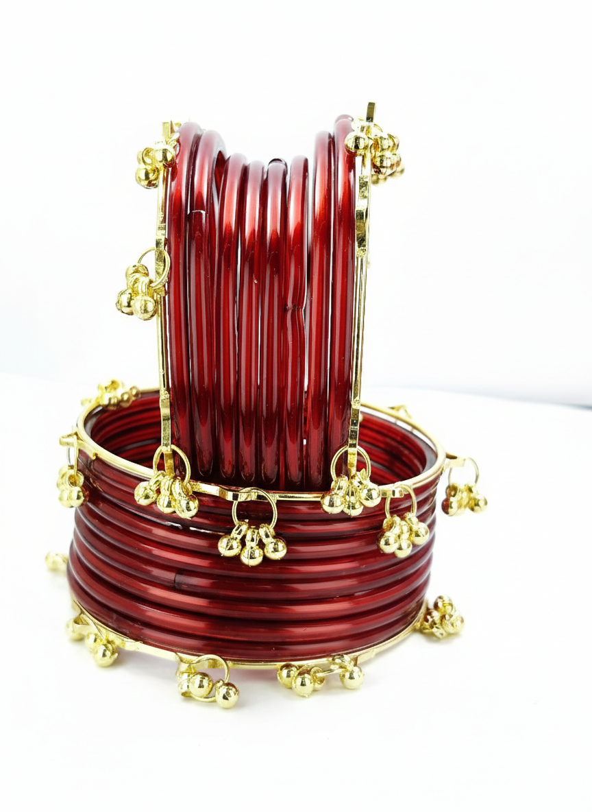 Treny Ghungroo Glass Bangles Set  Kashmiri Style Bangles | Pack of 20 with Golden Metal Charm