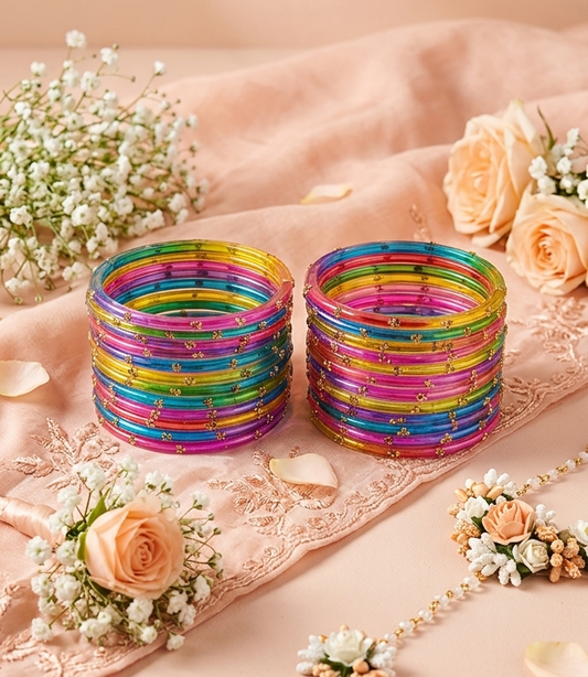 Traditional  Multi Stone Gold Bangles Set Glossy Finish with Golden Stone Work | Wear (Pack of 24)