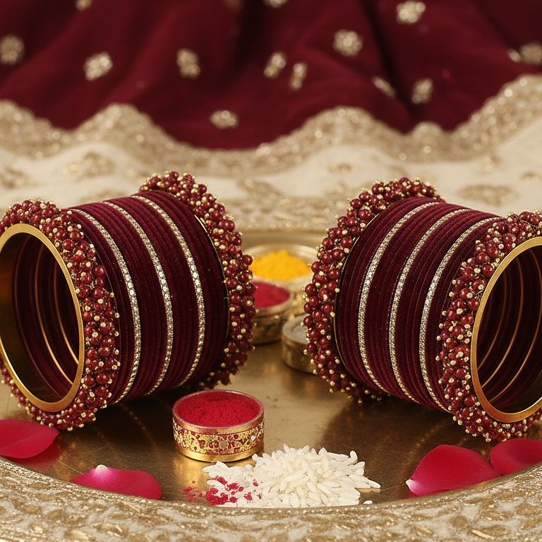 Marron Bridal Chuda – 2 Full Sets with Zircon & Kada