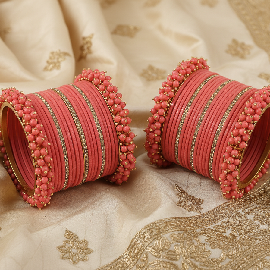 Watermelon Bridal Chuda – 2 Full Sets with Zircon & Kada