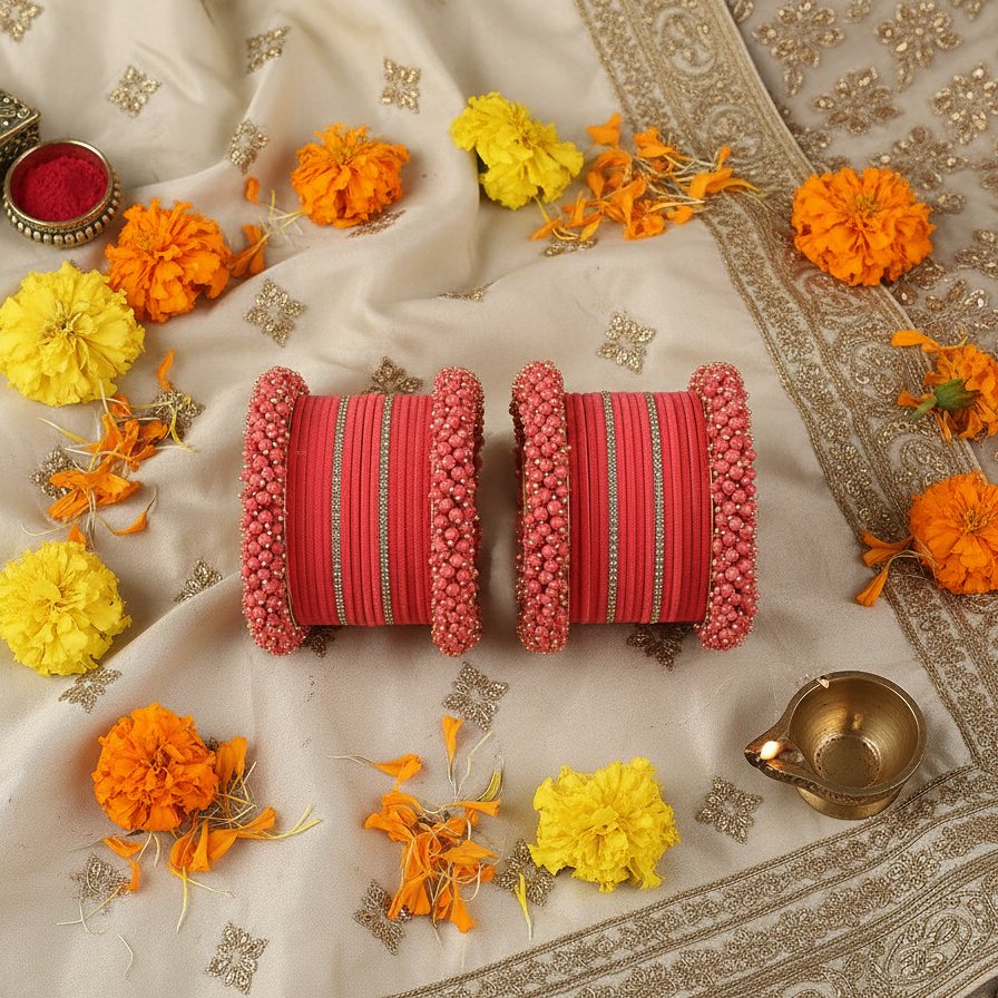 Watermelon Bridal Chuda – 2 Full Sets with Zircon & Kada