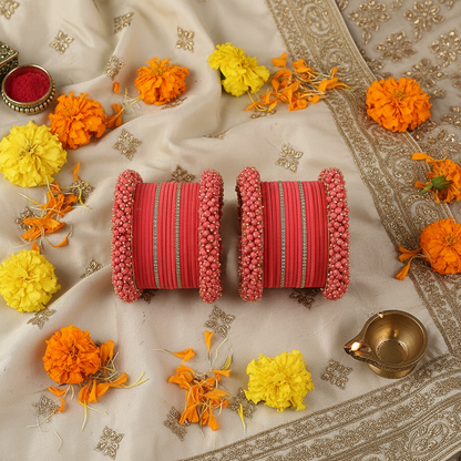 Watermelon Bridal Chuda – 2 Full Sets with Zircon & Kada