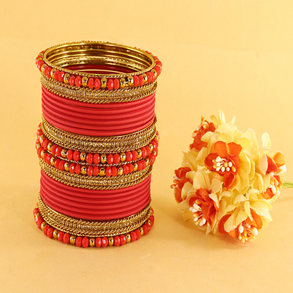 Red & Gold Beaded Bangle Set of 2 – Traditional Bridal Design