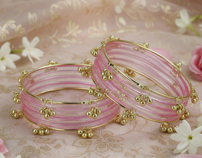 Stylish Pink Ghungroo Bangles Set  Gold-Toned Alloy with Elegant Latkan Design | Festive & Wedding Wear (Set of 12)
