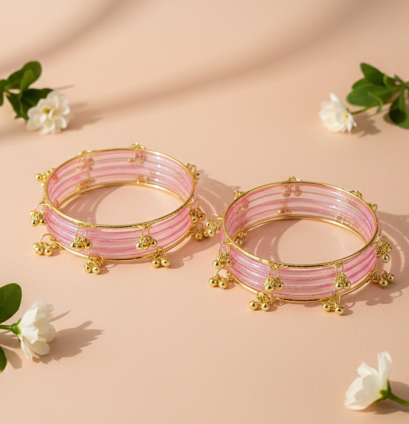Stylish Pink Ghungroo Bangles Set  Gold-Toned Alloy with Elegant Latkan Design | Festive & Wedding Wear (Set of 12)