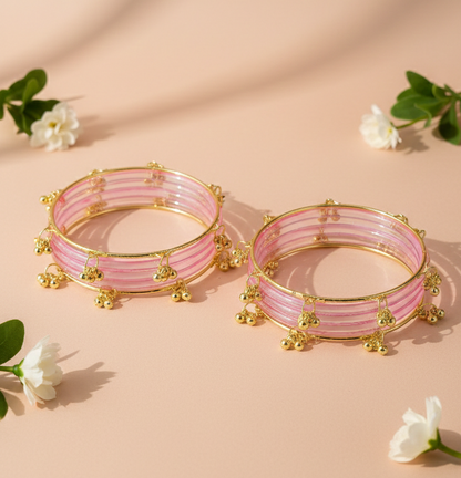 Stylish Pink Ghungroo Bangles Set  Gold-Toned Alloy with Elegant Latkan Design | Festive & Wedding Wear (Set of 12)