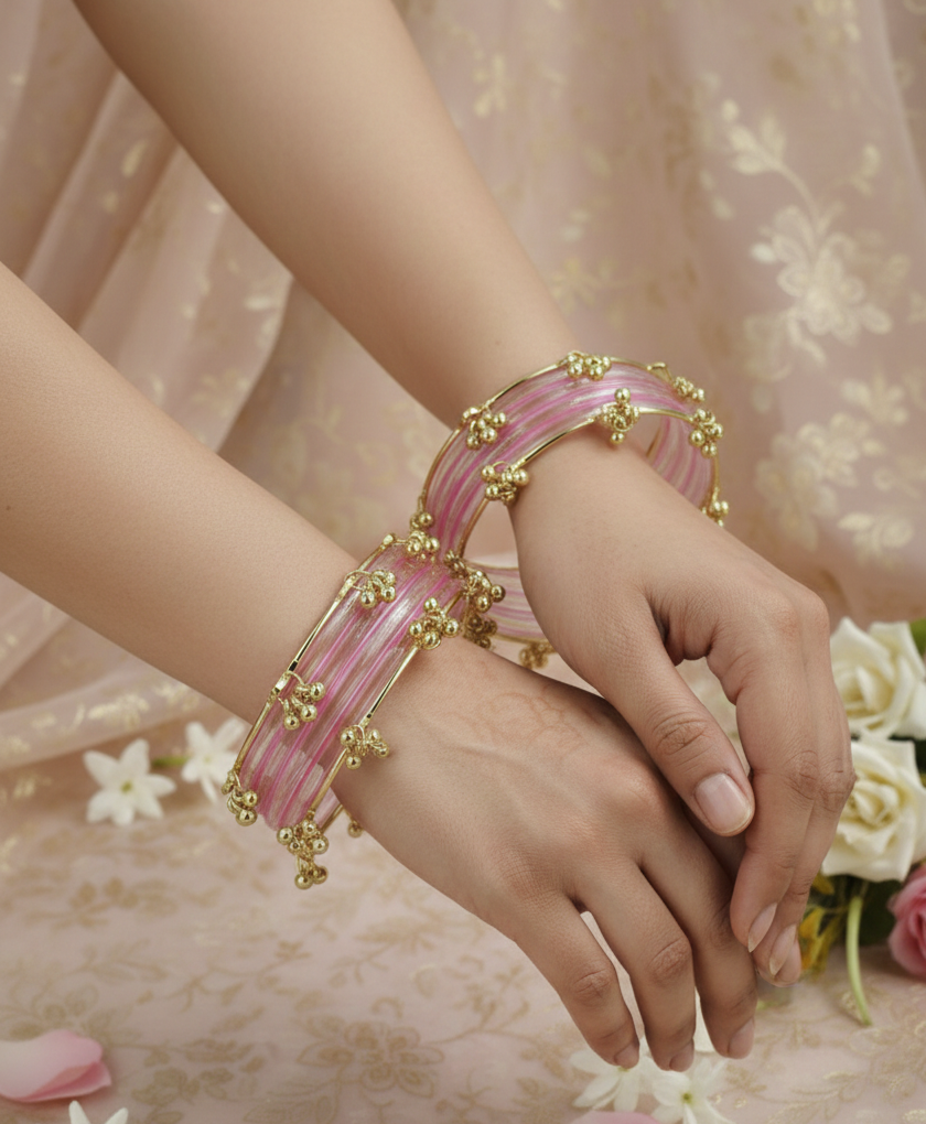 Stylish Pink Ghungroo Bangles Set  Gold-Toned Alloy with Elegant Latkan Design | Festive & Wedding Wear (Set of 12)