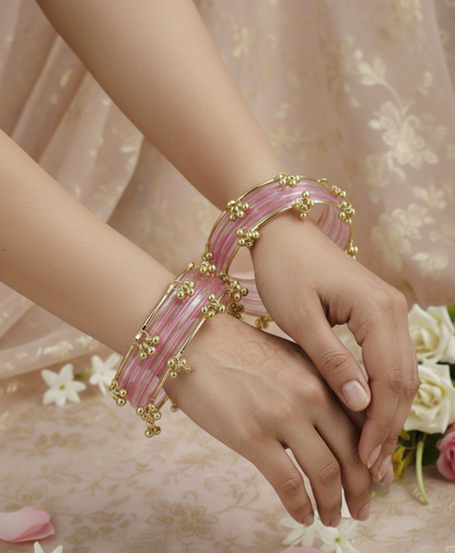 Stylish Pink Ghungroo Bangles Set  Gold-Toned Alloy with Elegant Latkan Design | Festive & Wedding Wear (Set of 12)
