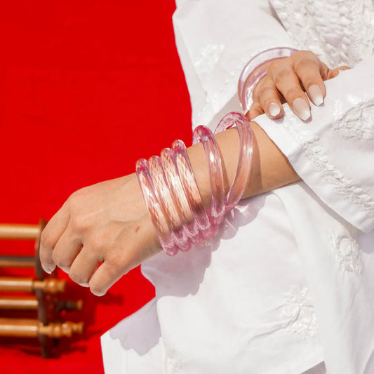 Glass Bangles Set of 2 Transparent pink Crystal Cut Daily Wear