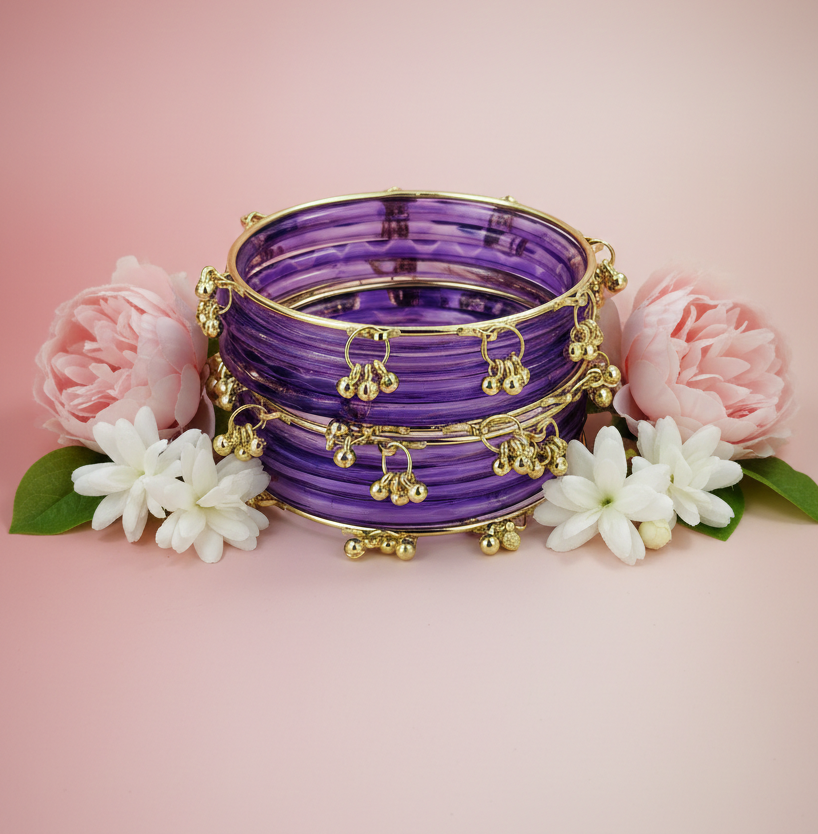 Traditional Lavender Ghungroo Bangles Set  Gold-Toned Alloy with Elegant Latkan Design | Festive & Wedding Wear (Set of 12)