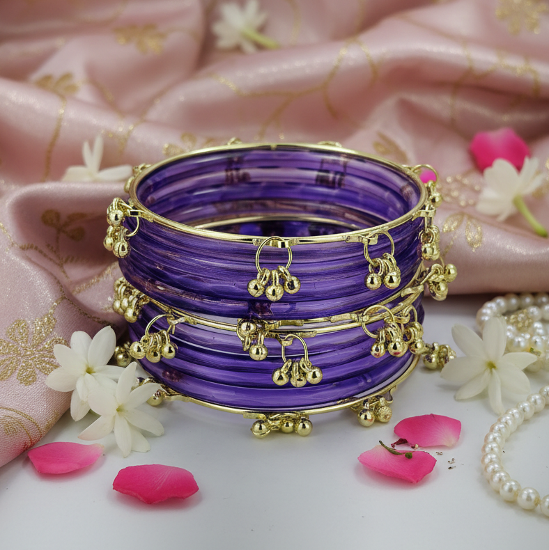 Traditional Lavender Ghungroo Bangles Set  Gold-Toned Alloy with Elegant Latkan Design | Festive & Wedding Wear (Set of 12)