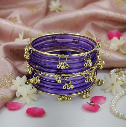 Traditional Lavender Ghungroo Bangles Set  Gold-Toned Alloy with Elegant Latkan Design | Festive & Wedding Wear (Set of 12)