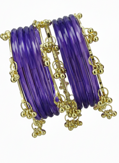 Traditional Lavender Ghungroo Bangles Set  Gold-Toned Alloy with Elegant Latkan Design | Festive & Wedding Wear (Set of 12)