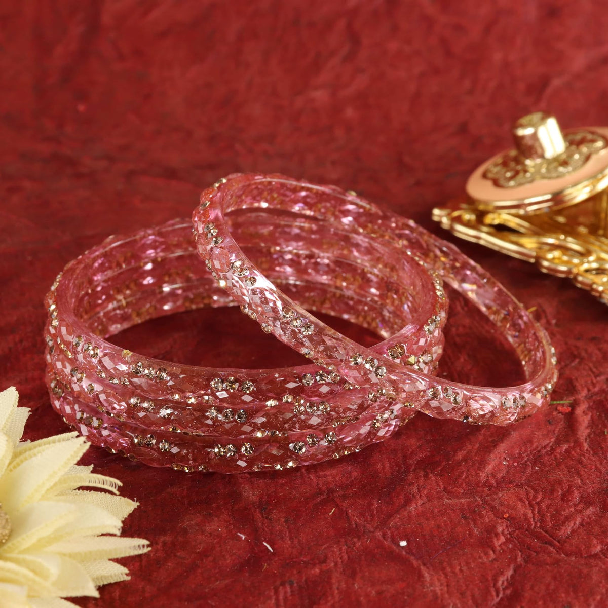 Pyazi Glass Bangles Set with Crystal Stone Work - Set of 4