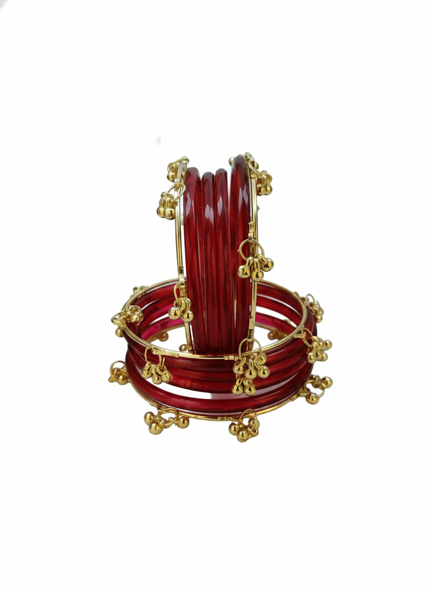 Trendy Red Ghungroo Bangles Set  Gold-Toned Alloy with Elegant Latkan Design | Festive & Wedding Wear (Set of 12)