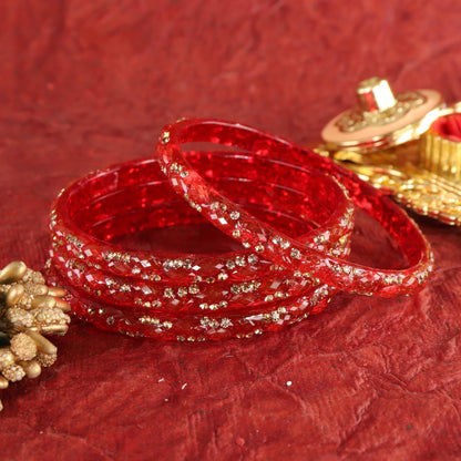 Red Glass Bangles Set with Crystal Stone Work - Set of 4
