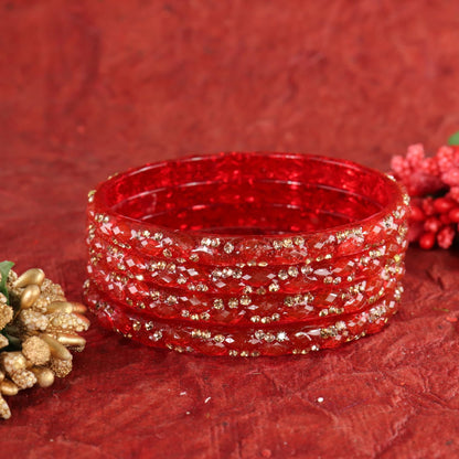 Red Glass Bangles Set with Crystal Stone Work - Set of 4