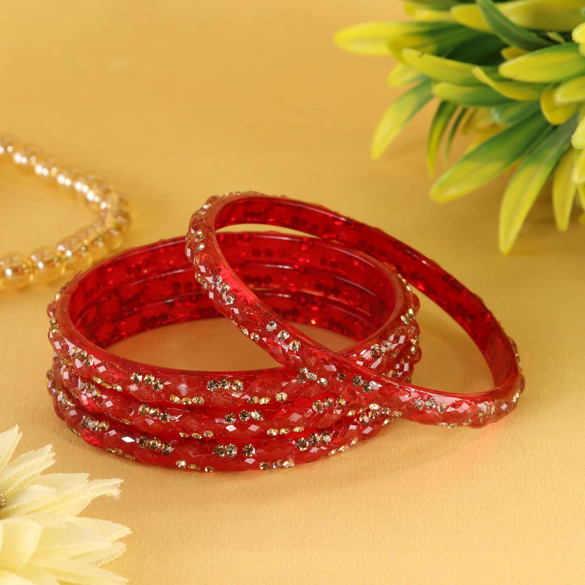 Red Glass Bangles Set with Crystal Stone Work - Set of 4