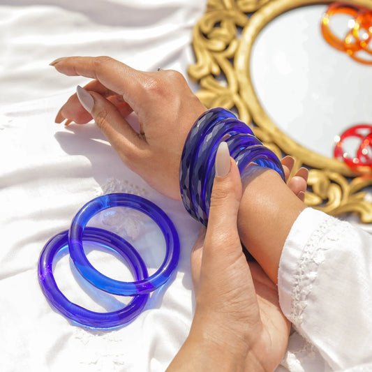 Glass Bangles Set of 2 Transparent Blue Crystal Cut Daily Wear