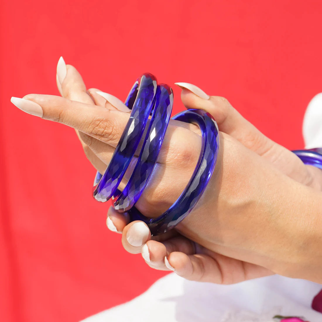 Glass Bangles Set of 2 Transparent Blue Crystal Cut Daily Wear