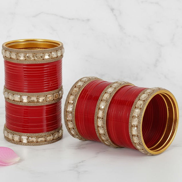 Red Acrylic Bridal Chuda – With Golden Diamond-Cut Stone Kada