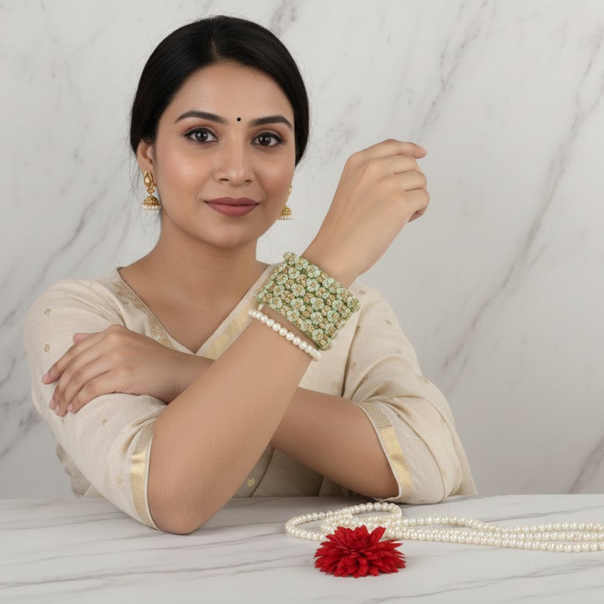 Pista Green Floral Heart Stone Bangles – Set of 4