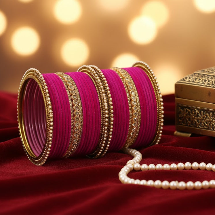 Magenta Velvet Bridal Chuda Set – Metal Base with Zircon Diamond-Studded Bangles