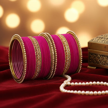 Magenta Velvet Bridal Chuda Set – Metal Base with Zircon Diamond-Studded Bangles