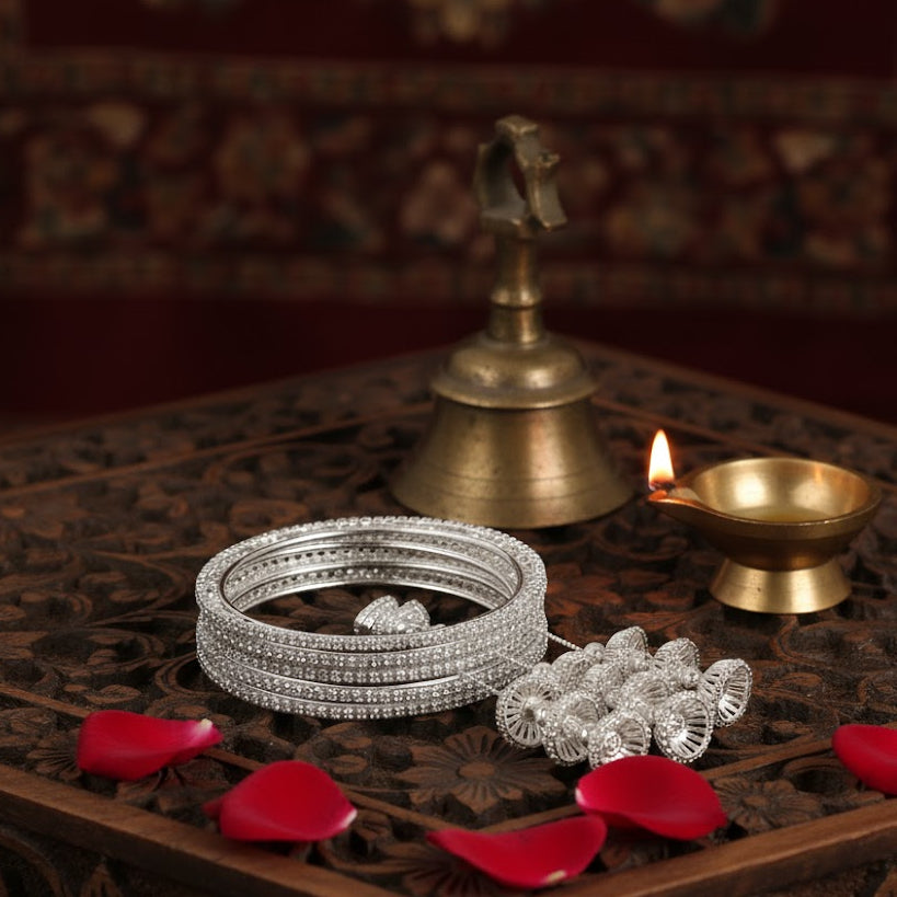 Silver Metal Latkan Bangles – Elegant Jhumka Design Bangle Set of 4 for Bridal & Festive Wear