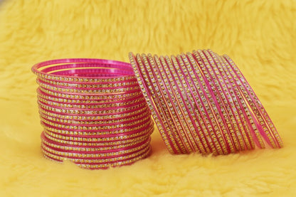Glass Bangles Set – Pack of 36 | Pink Color with Polka Dots & Glitter Design