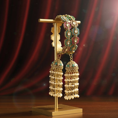 Rajwadi Metal Bangles with Latkan Jhumka Kalira | White Moti Pearl & Multi-Color Stone Work Kada for Women & Girls-Pack of 2