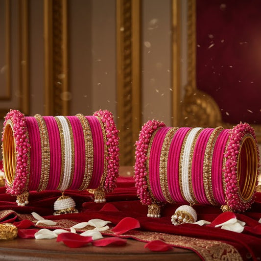 Pink Velvet Bridal Chuda Set with Zircon Stone Work & Pearl Latkan – Elegant Wedding Bangles