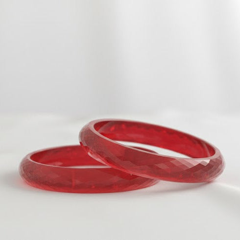 Red Acrylic Kada Set | Diamond-Cut Glossy Pattern Bangles for Women & Girls | Pack of 2