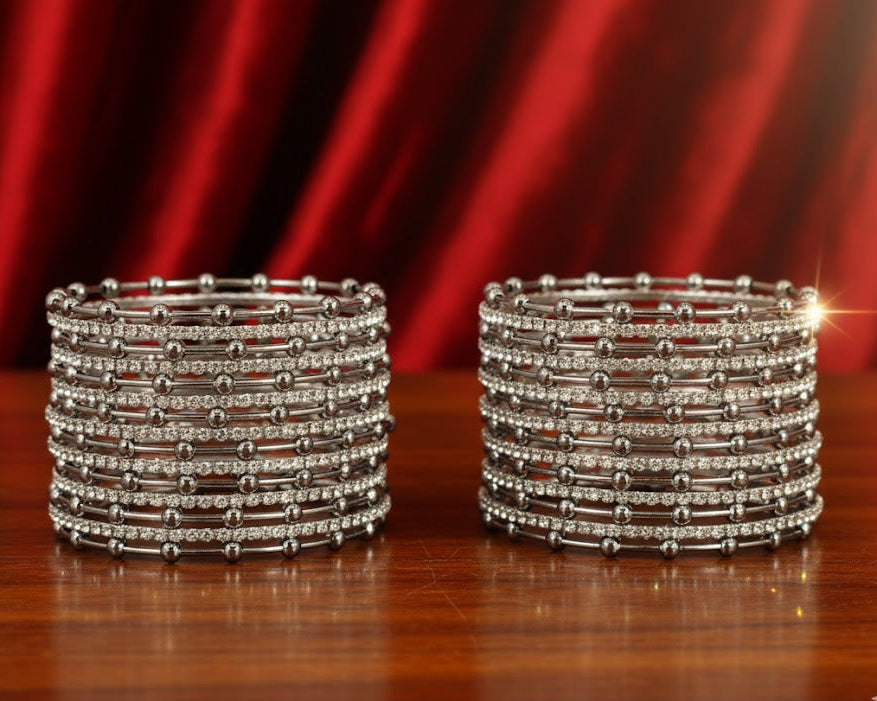 Silver Metal Bangles Set for Women & Girls | Diamond Stone & Ball-Studded Stylish Design | Glossy Silver Finish-Pack of 26