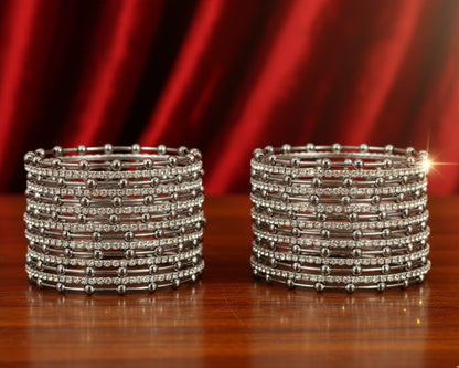 Silver Metal Bangles Set for Women & Girls | Diamond Stone & Ball-Studded Stylish Design | Glossy Silver Finish-Pack of 26