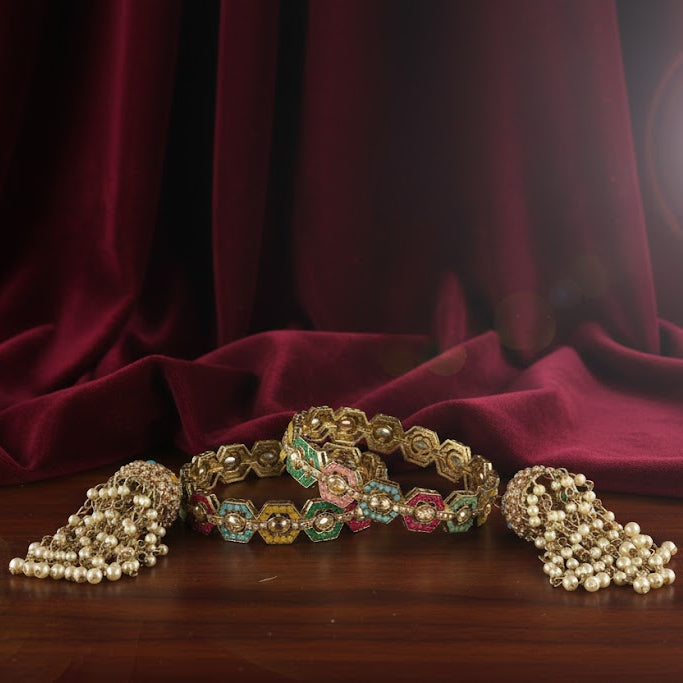 Rajwadi Metal Bangles with Latkan Jhumka Kalira | White Moti Pearl & Multi-Color Stone Work Kada for Women & Girls-Pack of 2