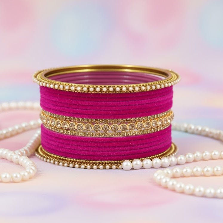 Magenta Velvet Bridal Chuda Set – Metal Base with Zircon Diamond-Studded Bangles