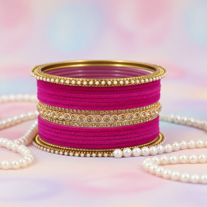 Magenta Velvet Bridal Chuda Set – Metal Base with Zircon Diamond-Studded Bangles