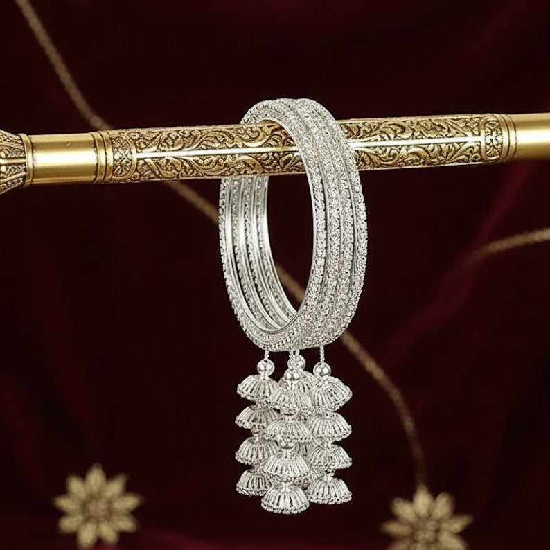 Silver Metal Latkan Bangles – Elegant Jhumka Design Bangle Set of 4 for Bridal & Festive Wear