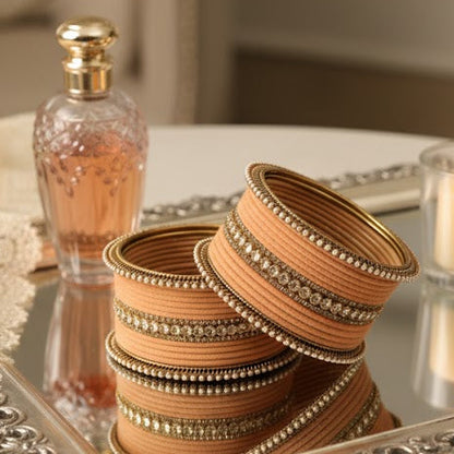 Peach Velvet Bridal Chuda Set – Metal Base with Zircon Diamond-Studded Bangles